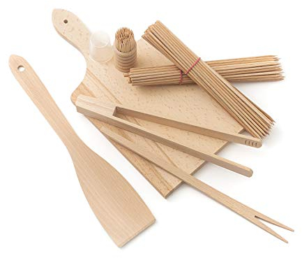 tuuli Kitchen Kit Ustensiles Barbecue BBQ Set Ensemble Bois (Planche à découper, Spatule, Pince à Barbecue, Fourchette, Cure-Dent, Brochette)