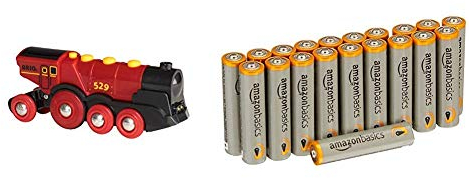 BRIO World 33592 Rote Lola elektrische Lok – Batterie-Lokomotive mit Licht & Sound – Kleinkinderspielzeug empfohlen ab 3 Jahren mit Amazon Basics Batterien