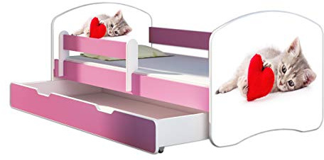ACMA Kinderbett 70 x 140 cm mit Bettkasten, Matratze & Lattenrost – Jugendbett mit Rausfallschutz, personalisiertes Motiv 40 Pony Katze mit Herz - Rosa, Mädchenbett ab 3 Jahren, belastbar bis 120 kg