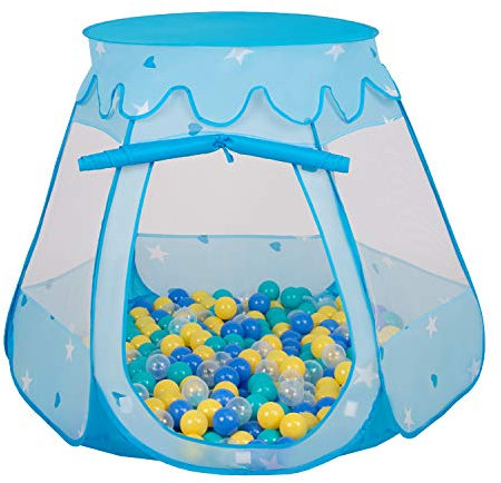 Selonis Tente 105X90cm/100 Balles Château avec Les Balles Plastiques Piscine À Balles pour Enfants, Bleu: Turquoise-Bleu-Jaune-Transparent