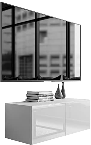 lukmebel Colgante - Tv Schrank - Doppelschrank mit Push to Open Mechanismus - Wohnwand Wohnzimmer - Wohnwand modern - Front aus Laminierter Platte 40x100x36 cm Kommode weiß - weiß Hochglanz