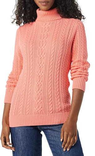 Amazon Essentials Pull Col Roulé en Maille Torsadée Style Irlandais (Grandes Tailles Disponibles) Femme, Rose Corail, M