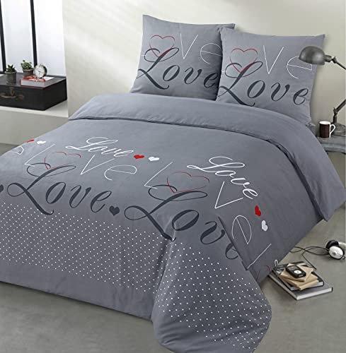 Vision - Parure de lit Flanelle - Love Gris - Housse de Couette 260 x 240cm avec 2 taies Assorties 65x65cm pour lit 2 Personnes Kingsize - Flanelle: Doux et Chaude - Fibres Naturelles - Oekotex