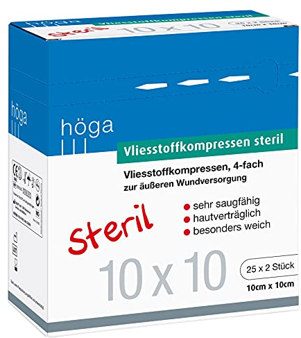 Höga Compresse in tessuto non tessuto sterile, 10 cm x 10 cm, 4 volte per la cura esterna delle ferite, molto assorbente, delicato sulla pelle, particolarmente morbido, 25 x 2 pezzi, 30 g/m², piccolo,