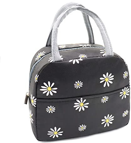 Sonuimy Insulated Lunch Bag Women, Reusable Cute Tote Lunch Box for Adult & Men, Leakproof Cooler Lunch Bags for Work Office Travel Picnic (Black with White Daisy)