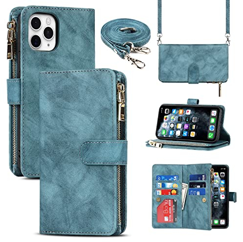 Cavor Crossbody iPhone 11 Pro Case With Card Holder With Strap,Flip Leather Wallet Case,[9 Card Holder] Zipper Detachable Lanyard Phone Case Cover for Women for iPhone 11 Pro - Light Blue