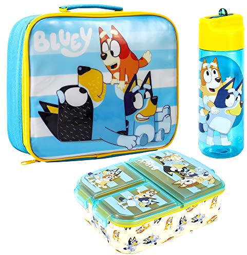 Zawadi Global Bluey Kids Childrens Lunch Box Set – Insulated Lunch Bag, Multicompartment Lunch Box & 540ml Water Bottle - School Travel Lunch Food Set, BPA Free