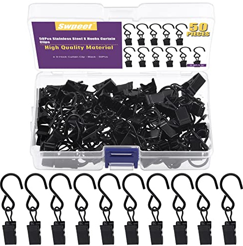 Swpeet 50 Pezzi Ganci a S in Metallo Nero Clip per Tende con Kit di Ganci a S, Forte Supporto per Fili Luminosi da Festa per Appendere Luci da Camper Tenda da Sole Foto Decorazioni Natalizie