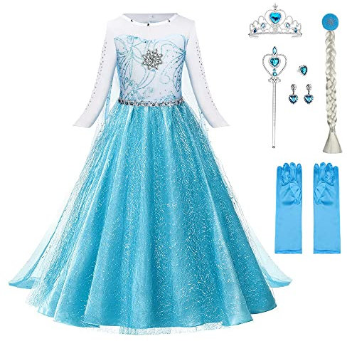 URAQT Kostüm Kinder Mädchen, 6-teiliges Set Kinder Prinzessin Kleid mit Krone Diadem Handschuhe Zauberstab usw für Weihnachten Karneval Halloween Rollenspiel(140)