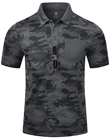 MoFiz Mens Short Sleeve Polo Shirts Breathable Lightweight Outdoor Work Tactical Shirt Casual Fishing Golf Hiking Top Camo Grey Size 2XL