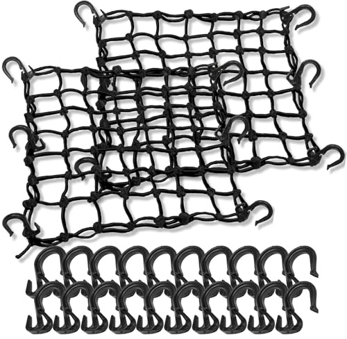 TKKEUEP 2 Pack 15X15 Motorcycle Cargo Net Stretches to 30x30, 2x2 Tight Mesh,Total 20 Hooks, Cargo Nets for Motorcycle Luggage Bike Basket, Luggage Rack ATV Rack Snowmobile Cargo Helmet Net