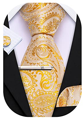 Barry.Wang Herren-Krawatten, 8 cm, Seide, Paisleymuster, Blumenmuster, Einstecktuch, Manschettenknöpfe, Krawattenklammer für Hochzeit, Business, Party, klassisch, Gelbes Paisleymuster, Einheitsgröße