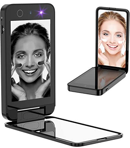 Cámara UV para prueba de protector solar, espejo UV, espejo de tocador compacto, espejo de maquillaje para viaje, espejo de bolsillo de doble cara para protección de la piel, 10.16 cm (negro oscuro)