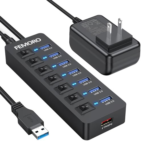 Powered USB 3.0 Hub, 7 Data Ports and 1 Charging Port, 4ft Cord for PC | with Power Adapter & Individual Switches for Macbook Pro/Air/Neo Laptop Desktop Computer Mini PC