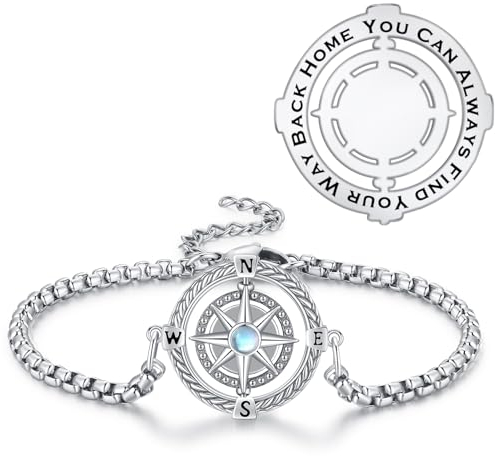 YueYuan Bracciale da donna, in argento Sterling 925, con bussola nautica, con cristalli, con doppia catena, 9 pollici, Argento sterling, cristallo