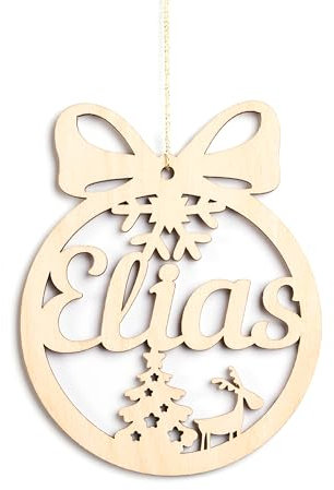 KS Laserart - Personalisierte Weihnachtskugel aus Holz mit Namen - Weihnachtsschmuck Ornament Weihnachtsbaum Dekoration - Geschenk Weihnachten (Motiv 08)