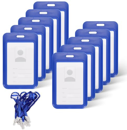 Realand Lot de 10 porte-badges coulissants avec cordon, étuis rigides et verticaux avec fenêtre transparente - Housse de protection pour badge de bureau, porte-nom - Bleu