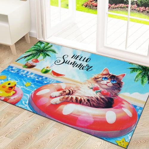 Likiyol Hello Summer Door Mat Outdoor Indoor Welcome Mat, Cute Cat Front Door Mat Outside Entrance Non Slip Washable Entryway Rug, Beach Coastal Outdoor Mats for Front Door, Low Profile, 18 x 30