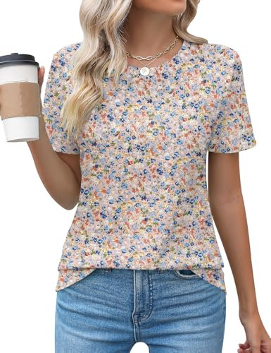Rapbin Womens Casual Short Sleeve T-Shirts Crew Neck Pleated Tops Fashion Dressy Tunic Blouses,Pink Floral,L