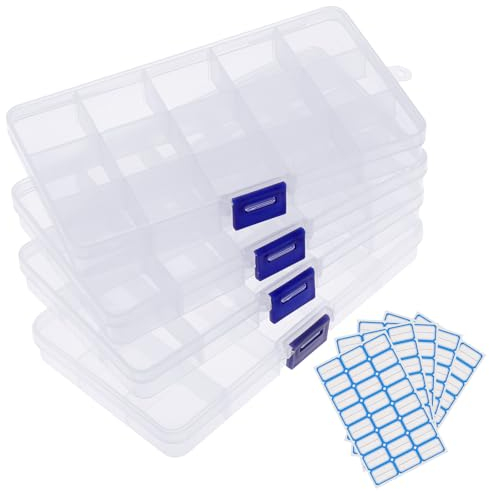 Kssvzz 4Pcs Bead Storage Box, 15 Grids Small Plastic Jewellery Organiser Box with Adjustable Dividers, Clear Compartment Organiser Container with 5 Sheet Label Stickers