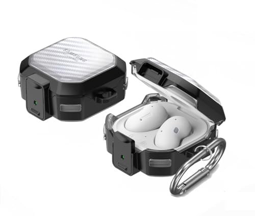 KQXG Case for Samsung Galaxy Buds Live/Buds FE/Buds 2 / Buds Pro/Buds 2 Pro - Soft Silicone & Hard PC, Transparent with Carbon Fiber Texture, Shockproof, Secure Lock, Metal Hook -Black