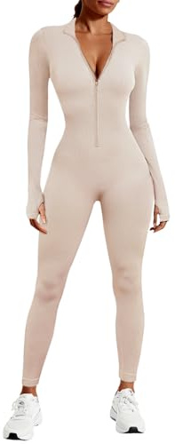 Voqeen Jumpsuit Damen Langarm Zip Up Leggings V-Ausschnitt Yoga Overall Elegant Playsuits Jogging Strampler Hosenanzug Trainingsanzug