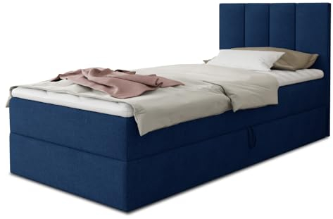 Boxspringbett Star Mini mit Bettkasten, Bonell-Matratze und Topper - Einzelbett mit Matratzentopper, Polsterbett, Bett, Schlafzimmer, Jugendzimmer (Dunkelblau (Kronos 09), 120 x 200 cm)