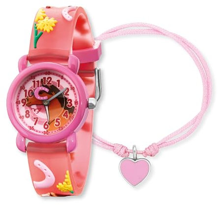 Engelsrufer Herzengel Kinder Uhrenset mit Pferd Motiv - analoge Armbanduhr, robustes Kunststoffgehäuse, weiches Band, 27mm, 3ATM mit passendem Nylonarmband und Stiftemäppchen