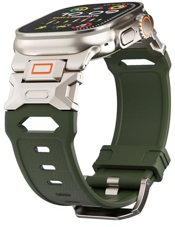 FUNSTONE Sport Band for Apple Watch Ultra 2 & Ultra 49mm, FKM Rugged Ultra 2 Watch Bands for Men, Stainless Steel Fluoro Rubber Wristband, Men's Military Sport iWatch Replacement Strap (Army Green)