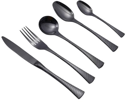 Schlangenhaut Textur Dünne Taille Griff Küche Edelstahl Silberwaren Geschirr Besteck Set Steak Messer Gabel Löffel Teelöffel (Schwarz,5 Stück)