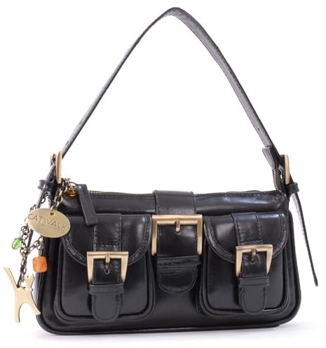 Catwalk Collection Handbags - Klein Damen Schultertasche - Lederhandtasche mit Verstellbarer Schultergurt - Abendtasche - NATALIE - Schwarz