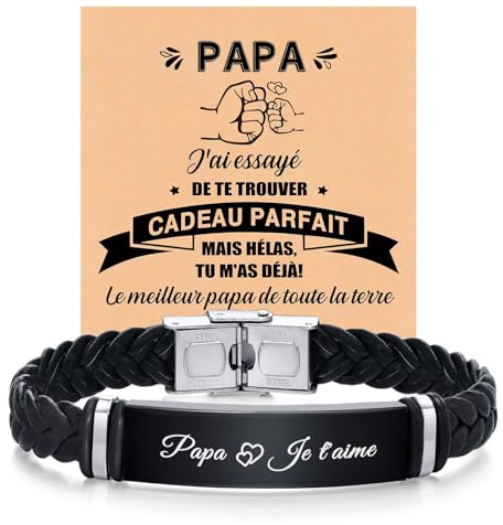 XUANPAI Bracelet Personnalisé en Cuir Noir pour Homme - Je t'aime Papa - Gravé avec Prénom - Cadeau pour Anniversaire, Noël, Futur Papa, Mari