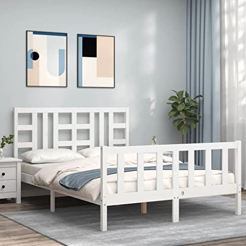 Buzaza Massivholzbett mit Kopfteil Bettgestell Bed Frame Holzbett Kopfteil Bett Schlafzimmer Bett Massivholzbetten Weiß 140x200 cm - 3191972