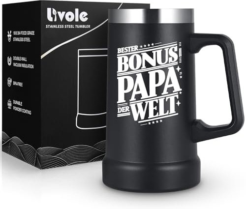 Livole Beste Geschenk für Bonus Papa, Stiefvater, Vater Vatertag, Bester Bonus Papa der Welt, Stiefvater Geschenk, Vatertagsgeschenk, Biergeschenk Mann, 700ml Biergläser mit Henkel, 24oz Bierkrüge