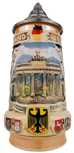 EVERSTYLE Chope à bière allemande avec couvercle 0,7 l – Chope traditionnelle en pierre avec armoiries fédérales – Chope à bière fabriquée à la main pour la fête de la bière, la maison et la