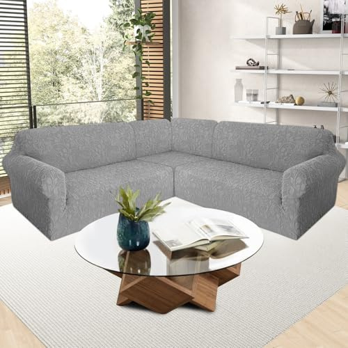 L-förmige Sektional-Sofabezüge, 5- und 7-Sitzer, Stretch-Jacquard-Bezug für Liegestuhl, L-Form, 5-Sitzer und 7-Sitzer, Ecksofa, Hellgrau, 7-Sitzer, 3-teilig