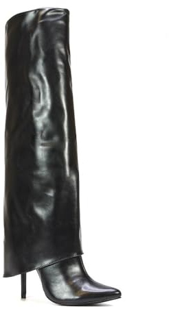ESSEX GLAM Women’s Fold Over Knee High Stiletto Boots Pointed Toe, Side Zip, Faux Leather, Elegant Party Long Shoes, Sizes 3-8
