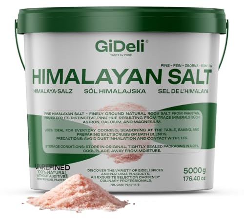 GiDeli Himalaya Salz Fein 5 kg im Eimer - Speisesalz und Badesalz | ein Gebinde für Kochen und Körperpflege, löst sich zügig im warmen Wasser, ohne Zusätze und unjodiert