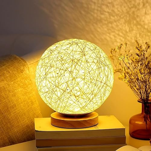AoLa Rattan Tischlampe Handgewebt, Boho Tischleuchte mit Touch Dimmbar LED Nachttischlampe Kabellos Akku aus Holz Rattan Kugel Lampe für Schlafzimmer, Kinderzimmer, Wohnzimmer