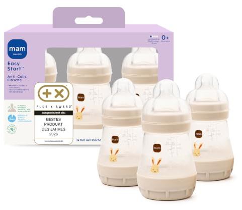 MAM Easy Start Anti-Colic Babyflasche 3x 160 ml, 0+ Monate, Gr. 1, Hase | Selbst-sterilisierend in der Mikrowelle in 3 Min, Anti-Kolik-Bodenventil, brustähnlicher SkinSoft Sauger, ab Geburt