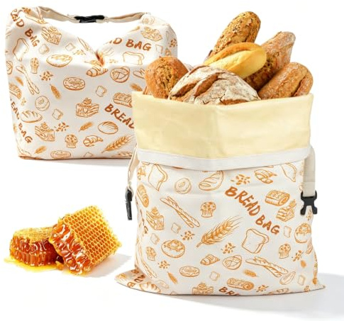 2er-Pack Brotbeutel Bienenwachs Natürliche Bienenwachs 43 x 33 cm Baumwolle | wiederverwendbar, mit Schnappverschluss, für Brotaufbewahrung, hausgemachtes Brot, Sauerteig & Backwaren