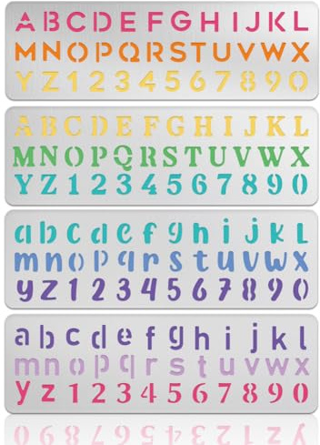 UNICRAFTALE 4 Stück Metall Buchstaben Schablonen Zum Zeichnen Verschiedene Alphabet Zeichenvorlagen Edelstahl Wiederverwendbare Zahlen Schablonen Für DIY Scrapbooking Gravur Holz Brennen 18x5.7 cm