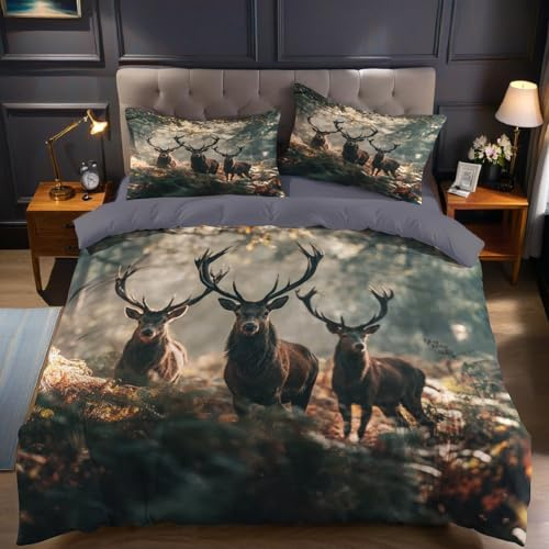Herbstlandschaft Bettwäsche 135 x 200 cm Tier Wald Hirsch 3D Druck Kinder Bettwäsche Set Mikrofaser Bettbezug mit Reißverschluss und Kissenbezug 80 x 80 cm