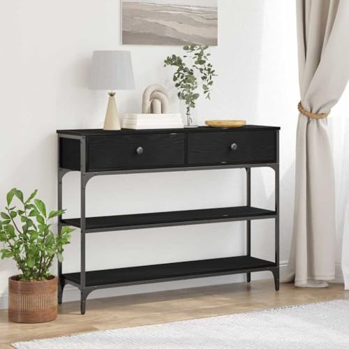 Yunovire Table console avec étagère, aspect chêne noir, 100 x 25 x 75 cm, pour couloir, table d'appoint pour salon, structure en métal solide, style industriel