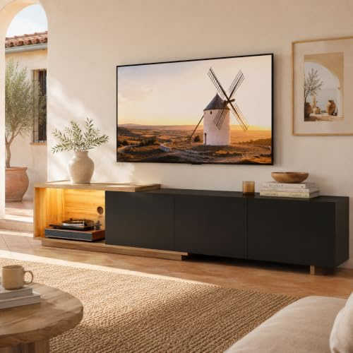 MGMYM TV-Schrank Lowboard 163cm-240 cm mit Beleuchtung, Fernsehtisch, Fernsehschrank mit 3 Schublade, Ausziehbarer TV-Ständer, Wohnzimmermöbel,Hochglanz Schwarz und Natur Holzmaserung,240x38x44cm