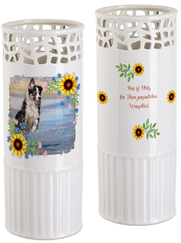 Keramik Blumenvase mit Foto und/oder Wunschtext Weiß 25 cm Hoch Zylindrisch mit Gittermuster (Sonnenblumen 1 Foto mit Wunschtext)