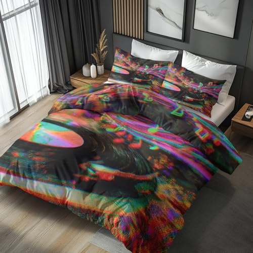 Generisch Musik Bettwäsche 135x200 Vinyl Schallplatte Abstrakt Kunst Motiv 2tlg, Weiche Mikrofaser Bettbezug & 1 Kissenbezug 80x80, Wendebettwäsche für Schlafzimmer Deko, Geschenke (MS163)
