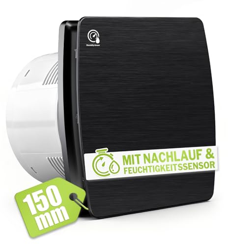 150mm Badlüfter mit Feuchtigkeitssensor & Nachlauf, Leise Abluftventilator 240 m³/h [IPX4 - 18W - 35 dB] Lüfter Badezimmer mit Timer & Rückstauklappe, für Bad Küche WC Garage Dachböden Decke, Schwarz