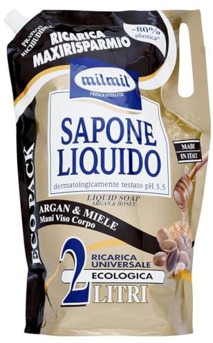 Milmil Sapone Liquido Argan e Miele in Busta Maxi Ricarica, 2000ml