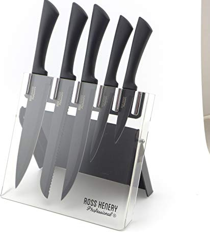Ross Henery Professional Ensemble de 5 Couteaux de Cuisine avec Lames Noires dans Un Bloc/Support en Acrylique Transparent Pliable